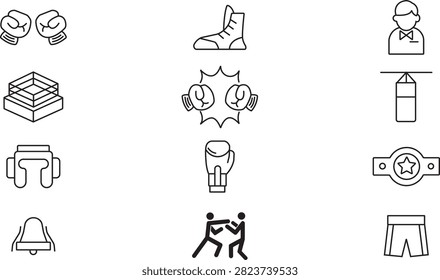 Boxing match and equipment line vector icon set featuring boxing gloves clash, boot, referee avatar, ring, hanging punching bag, headgear, championship belt, round bell, sparring fighters, and trunks.