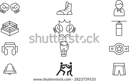 Boxing match and equipment line vector icon set featuring boxing gloves clash, boot, referee avatar, ring, hanging punching bag, headgear, championship belt, round bell, sparring fighters, and trunks.