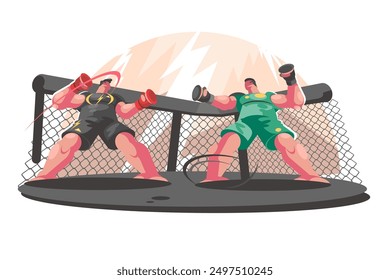 Combatientes de boxeo en el ring. Ilustración vectorial del deporte competitivo, fuerza y atletismo.