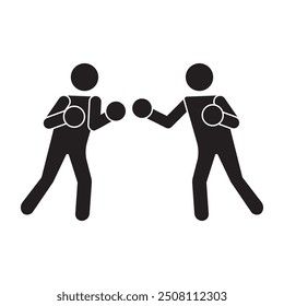 Boxing match icon. Two stick figures fighting. Minimalist black silhouette. Vector combat symbol.