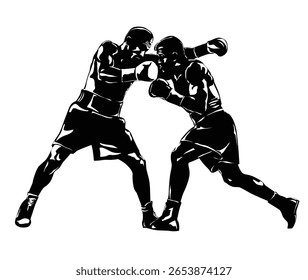 Boxing. Boxing match isolated on white background. Black and white graphics. Vector illustration.