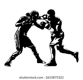 Boxing. Boxing match isolated on white background. Black and white graphics. Vector illustration.