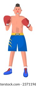 Boxing match personage wearing sports suit, shorts and protective gloves on hands. Isolated boxer or fighter on arena performing punches, sportive event or hobby, active lifestyle. Vector flat style