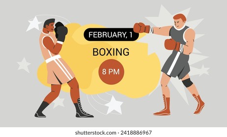 Boxing match poster template. Horizontal vector design with two sparrers attacking each other. Place for text.