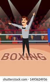 Boxing match referee flat vector illustration. Sport judge, announcer in bow tie cartoon character. Smiling man with mustache standing on ring. Fight night, professional single combat championship
