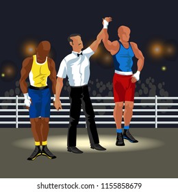 Boxing match in ring flat poster. Professional boxers in sportswear and equipment having battle spectacle event vector illustration.