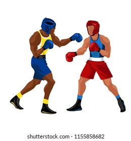 Boxing match in ring flat poster. Professional boxers in sportswear and equipment having battle spectacle event vector illustration.