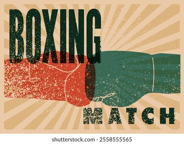 Boxing Match typographical vintage grunge style poster design with two boxing gloves. Retro vector illustration.