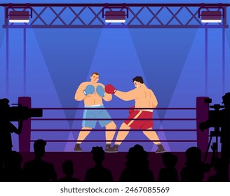 Boxkampf-Vektorillustration. Zwei Boxer treten in einem Ring an, umgeben von einem Publikum und einem Kamerateam. Die Szene fängt die Wettkampfatmosphäre ein, mit hellen Lichtern und einem Fokus auf die Action.