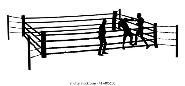 Boxing match vector silhouette illustration isolated on white background. An boxing ring surrounded by ropes. Boxer in ring vector silhouette illustration isolated on background.