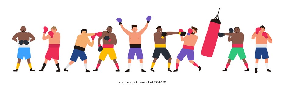 boxing men boxers in various poses set vector illustration on white background