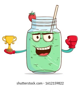 boxing milkshake cartoon character win the championship with trophy and funny smile face