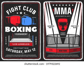 Boxing and mixed martial arts club grunge posters. Boxing ring and gloves, MMA octagon cage and light beams. Fighting club tournament, sport competition retro vector banner or grungy flyer template