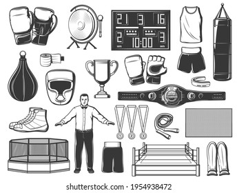 Boxing, mma and kickboxing sport vector icons. Boxer gloves, punching bags, rings and championship belt, helmet and shorts, jersey and shoes, mouth guard, wrist wrap, trophy cup and score board svg