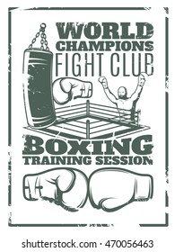 Boxing monochrome worn print with fighter punching bag ring and gloves on white background vector illustration 