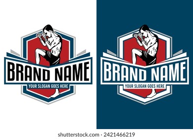 Boxing Muay Thai fighter emblem badge illustration vector logo design