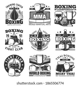 Boxing muay thai single combats vector icons. Thailand kickboxing martial arts and fighting sport, muay thai boxers club and training center, championship belt, boxing gloves and punching bag signs