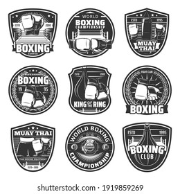 Boxing and muay thai single combats vector icons. Thailand kickboxing martial arts, fighting sport, muay thai boxers club or training center. Championship belt, boxing gloves, punching bag signs set svg