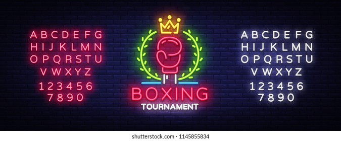 Boxing neon sign design vector template. Boxing Tournament Night Logo, Bright Neon Signboard, Design Element for Sports, Fight Night Neon, Bright Night Advertising. Vector. Editing text neon sign