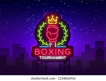 Boxing neon sign design vector template. Boxing Tournament Night Logo, Bright Neon Signboard, Design Element for Sports, Fight Night Neon, Bright Night Advertising. Vector Illustration. Billboard