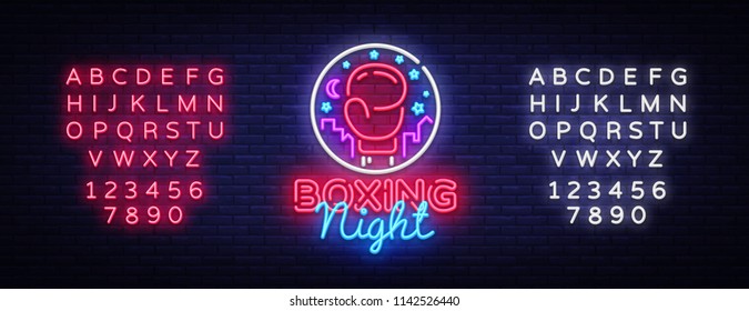 Boxing neon sign vector. Boxing Night Design template neon sign, Fight light banner, neon signboard, modern trend design, nightly bright advertising, light inscription. Vector. Editing text neon sign