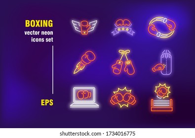 Boxing neon signs set. Boxing gloves, punching bag and ring. Vector illustrations for bright billboards. Fighting and sport concept