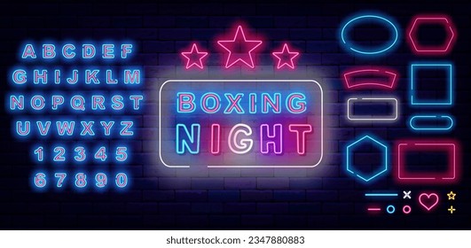 Boxing night neon label. Power sport. Fight club logotype. Glowing sign on brick wall. Shiny alphabet. Geometric frames collection. Light badge. Editing text. Vector stock illustration