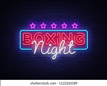 Boxing Night Neon sign vector design template. Boxing neon logo, light banner design element colorful modern design trend, night bright advertising, bright sign. Vector illustration