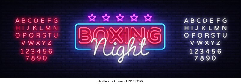 Boxing Night Neon sign vector design template. Boxing neon logo, light banner design element colorful modern design trend, night bright advertising, bright sign. Vector. Editing text neon sign