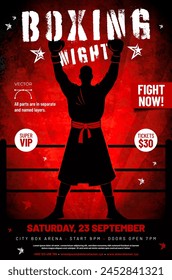 Boxing night poster template with boxer silhouette, ring and copy space for text - vector illustration