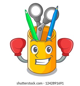 Boxing organizer desktop top view with cartoon