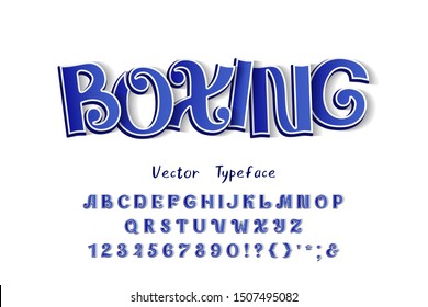 Boxing, ornate vector 3D typeface. Three dimensional uppercase English letters, numbers. Original font blue color gradient, white outline, transparent shadow. Retro alphabet for modern sports design