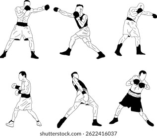 " Boxing Outline Sketches for Sports Design"
"Six different boxing sketches illustrating athletic motion and energy. The black and white outline style is perfect for logos, infographics