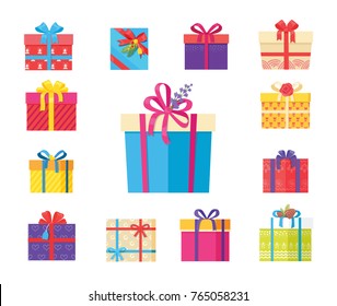 Boxing packs set, presents wrapped in paper with bells, topped by rose flower and bow, gift boxes vector illustration isolated on white background.