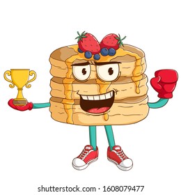 boxing pancake cartoon character win the championship with trophy and funny smile face