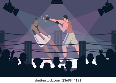 Boxing people. Boxers match. Fight ring. Professional athletes in sparring. Strong blow or loss of consciousness. Sport competition audience. Men kicking with fists