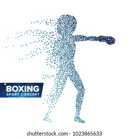 Boxing Player Silhouette Vector. Halftone Dots. Dynamic Boxing Athlete In Action. Flying Dotted Particles. Sport Banner Concept. Isolated Abstract Illustration
 