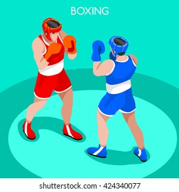 Boxing Players Fighting Sportsman Games Icon Set. 3D Flat Isometric Boxer. Sporting Championship People Boxing Fighters Match Competition. Sport Infographic Boxing Vector Collection
