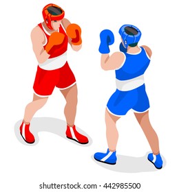 Boxing Players Fighting Sportsman Games Icon Set. 3D Isometric Boxer. Sporting Championship People Boxe Fight Match Competition. Sport Infographic events Boxing us election Vector Image