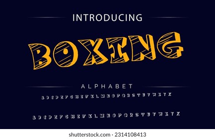 Boxing Playful style font design, childish alphabet letters and numbers vector illustration