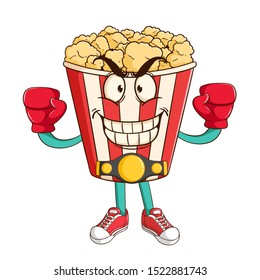 boxing popcorn cartoon character win the championship with funny smile face