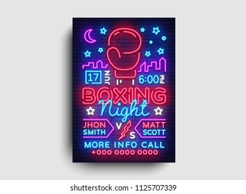 Boxing poster neon vector. Boxing night design template, bright neon brochure, modern trend design, light banner, typography invitation to the boxing match, advertising postcard. Vector illustration