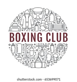 Boxing poster template. Vector sport training line icons, circle illustration of equipment - punchbag, boxer gloves, ring, heavy bags. Box club banner with place for text, white background.