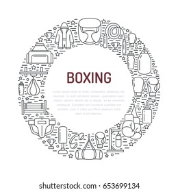 Boxing poster template. Vector sport training line icons, circle illustration of equipment - punchbag, boxer gloves, ring, heavy bags. Box club banner with place for text.