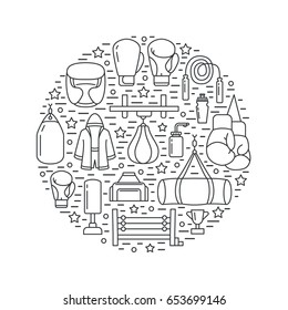 Boxing poster template. Vector sport training line icons, circle illustration of equipment - punchbag, boxer gloves, ring, heavy bags. Box club banner white background.
