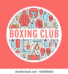 Boxing poster template. Vector sport training line icons, circle illustration of equipment - punchbag, boxer gloves, ring, heavy bags. Box club banner with place for text, red background.