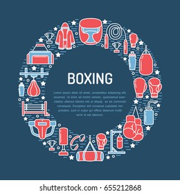 Boxing poster template. Vector sport training line icons, circle illustration of equipment - punchbag, boxer gloves, ring, heavy bags.