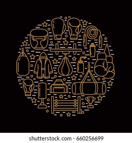 Boxing poster template. Vector sport training line icons, circle illustration of equipment - punchbag, boxer gloves, ring, heavy bags. 