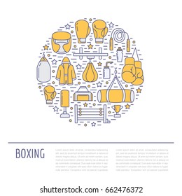 Boxing poster template. Vector sport training colored line icons, circle illustration of equipment - punchbag, boxer gloves, ring, heavy bags.