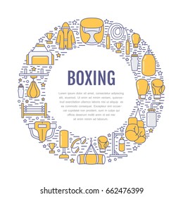 Boxing poster template. Vector sport training line icons, circle illustration of equipment - punchbag, boxer gloves, ring, heavy bags.